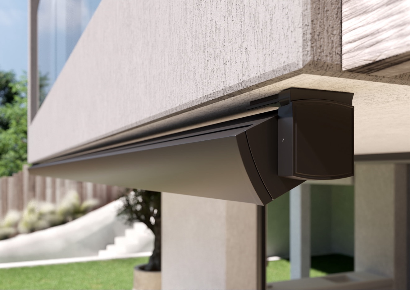 Close-up of retractable awning hardware and arm mechanism